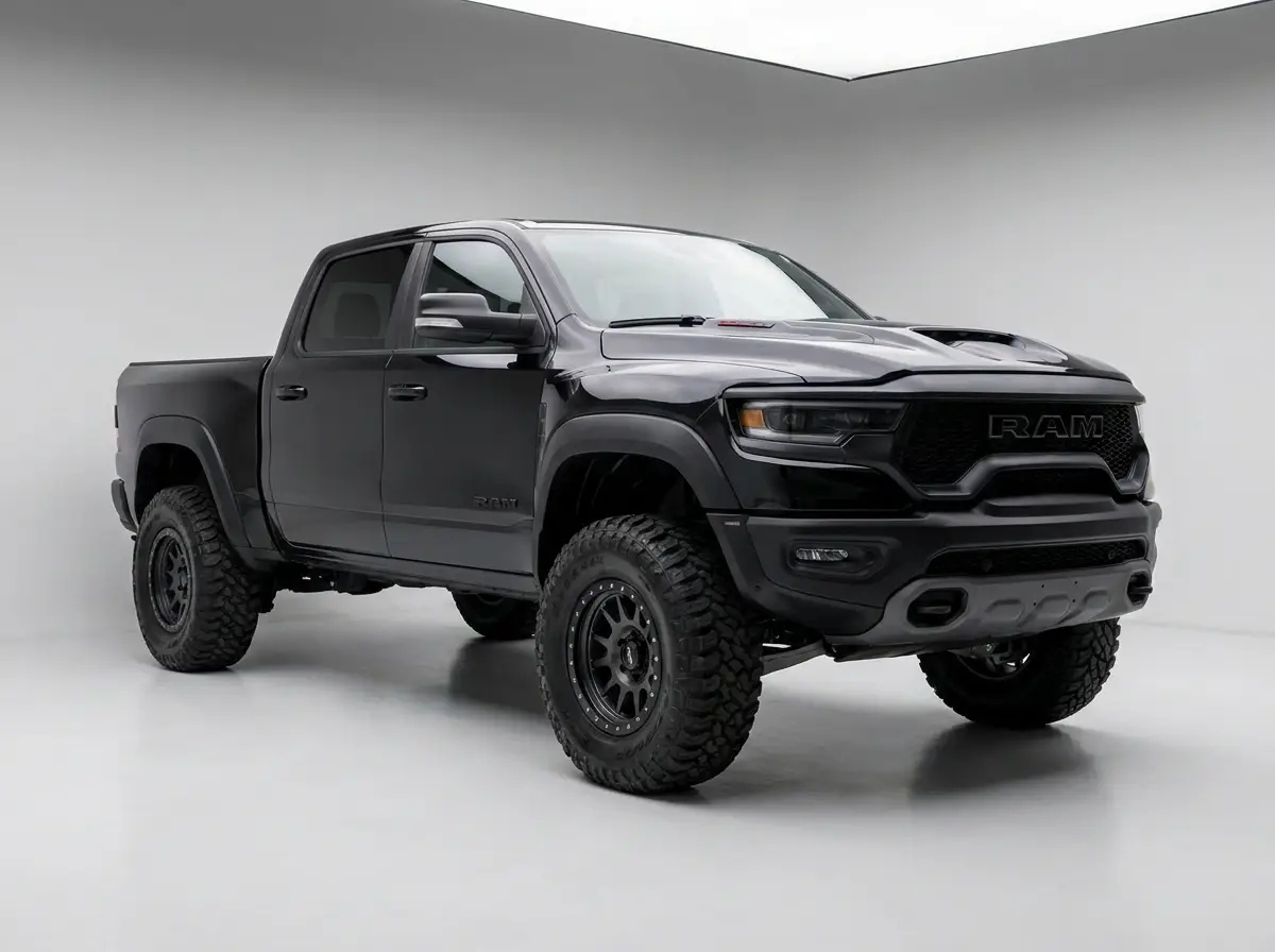 Lifted black pickup build on off-road wheels, studio shot