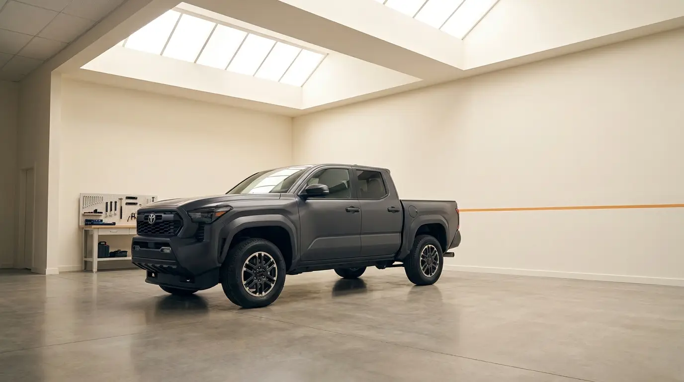 Charcoal pickup truck parked in the bright Apex Auto Care workshop