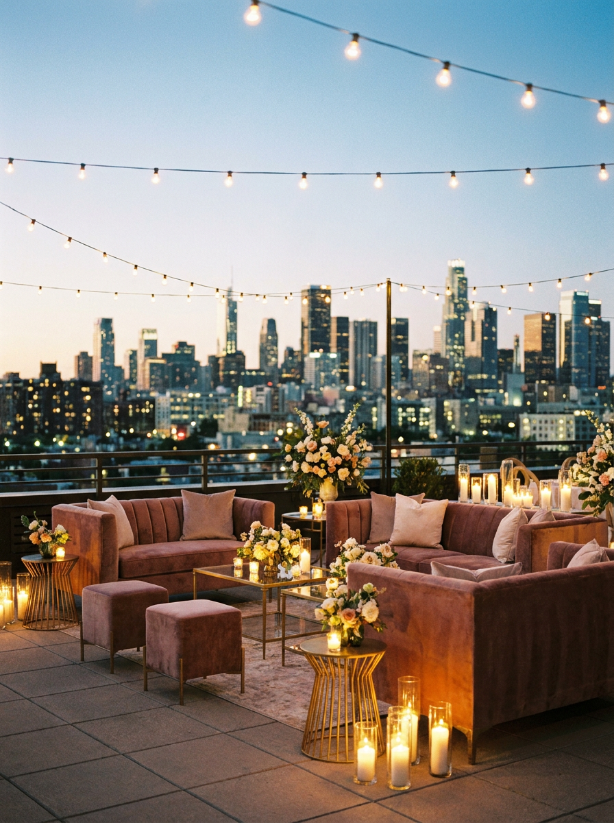 Rooftop reception at dusk