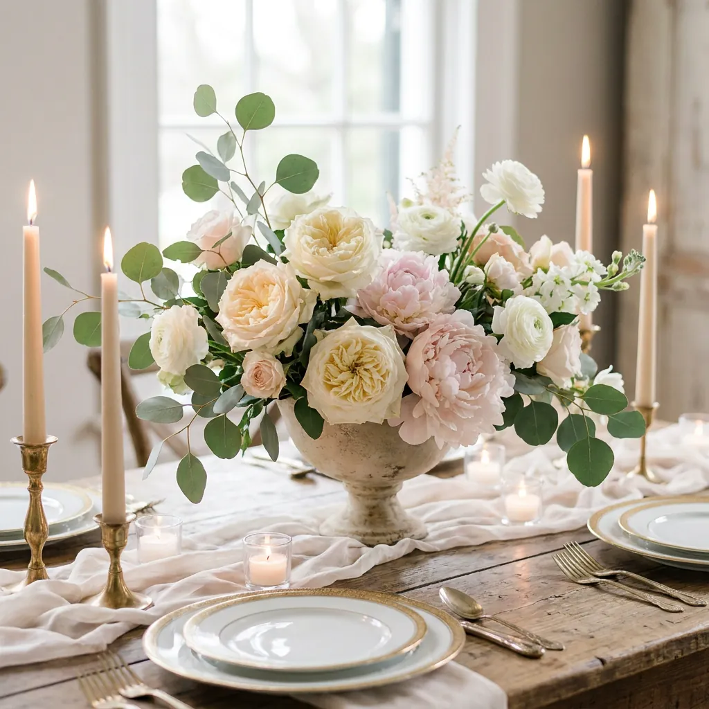 Intimate tablescape with garden roses and candlelight on the terrace
