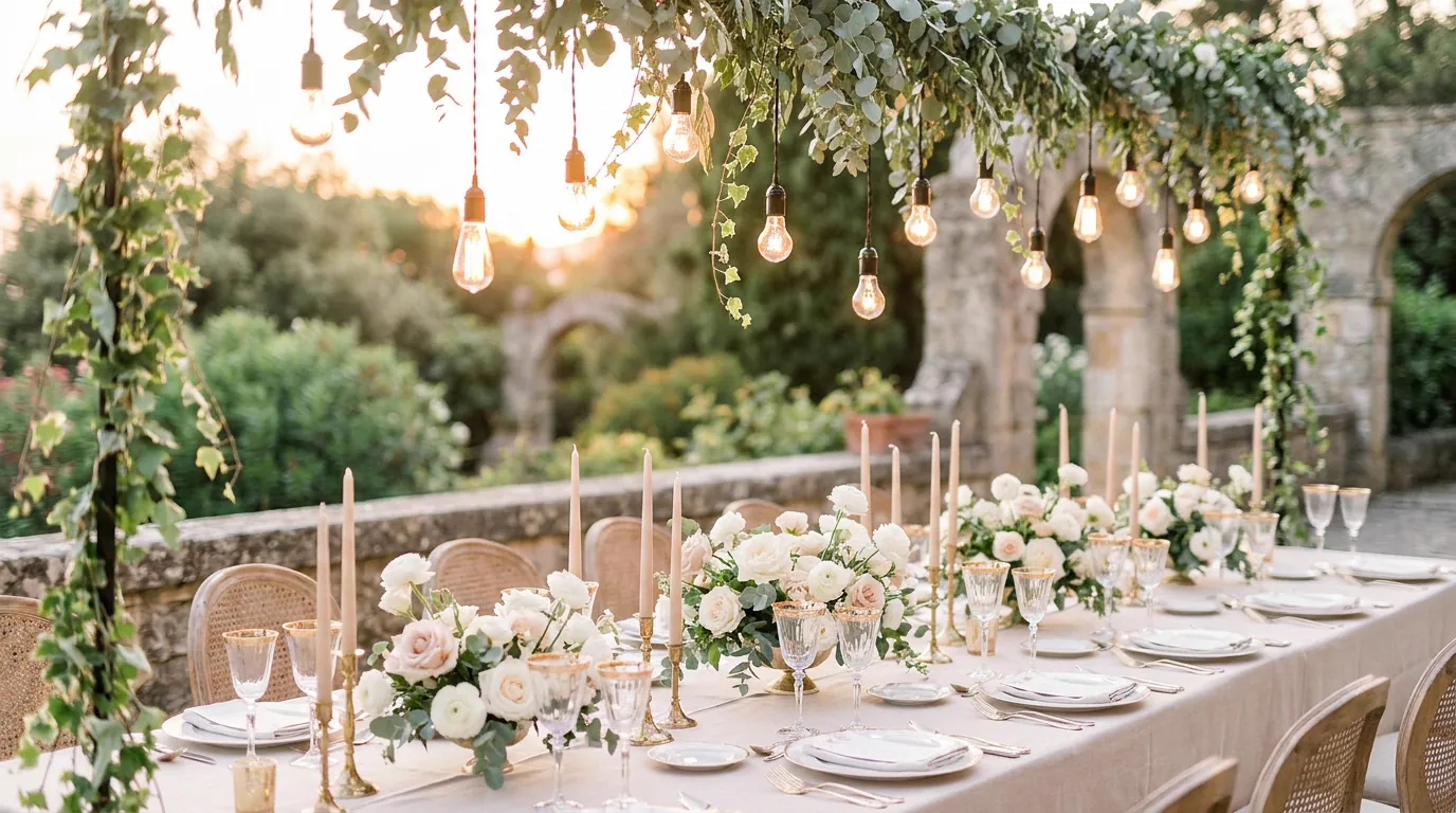The reception terrace set for a celebration as evening settles over the city
