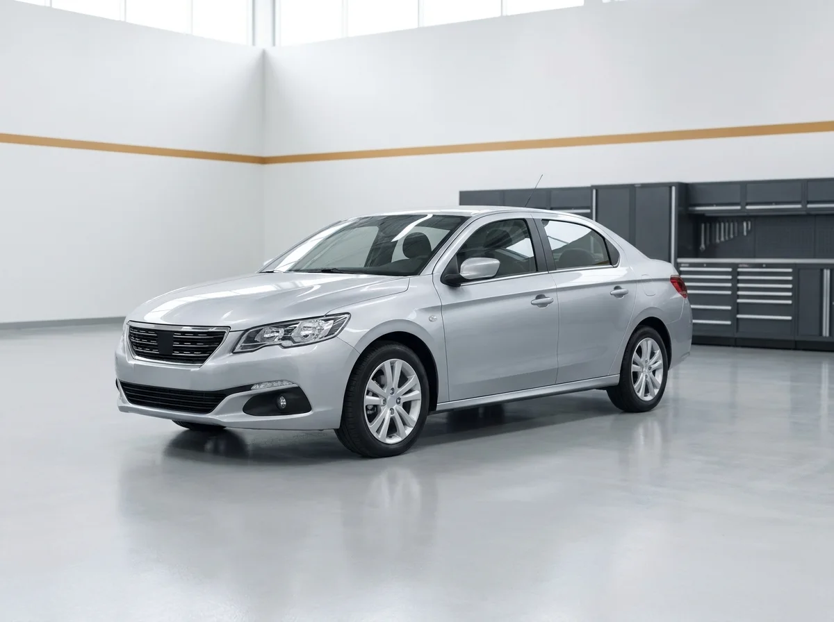 A clean silver sedan freshly detailed in the service bay